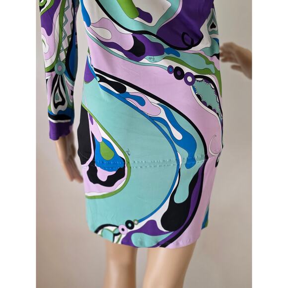 Emilio Pucci Purple Multicolor Signature Print long-sleeved dress 10 sz - Picture 16 of 16